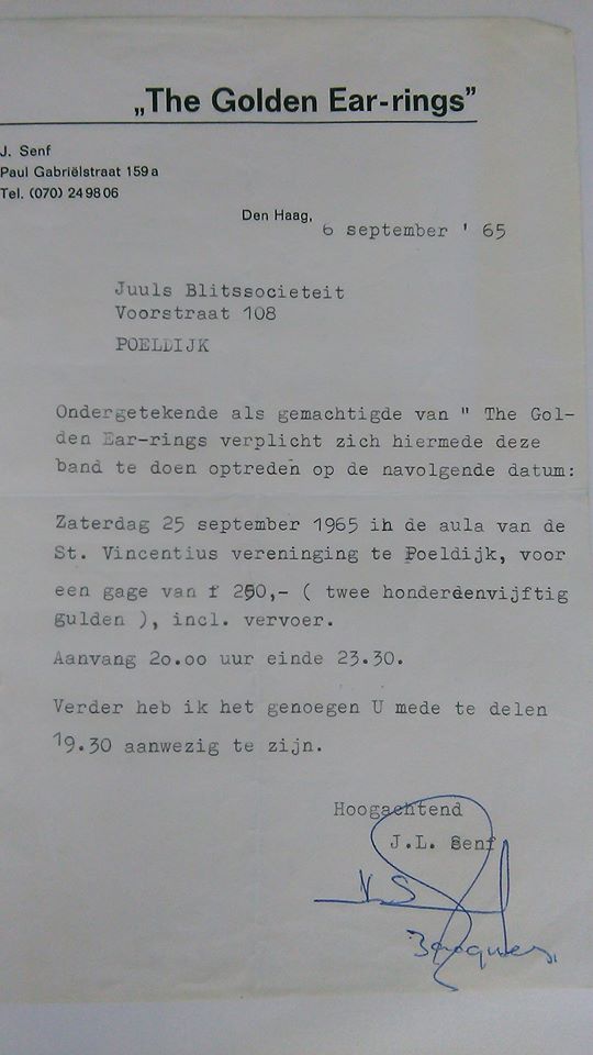 Golden Earring show contract September 25 1965 Poeldijk - Aula St. Vincentius vereniging